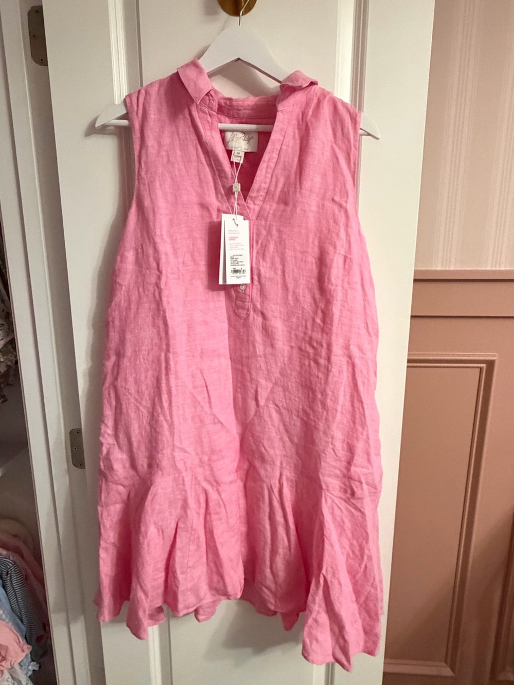 M NWT Lilly Pulitzer Lagoon Linen Ellowyn Dress Sunkissed Pink Lined Collar